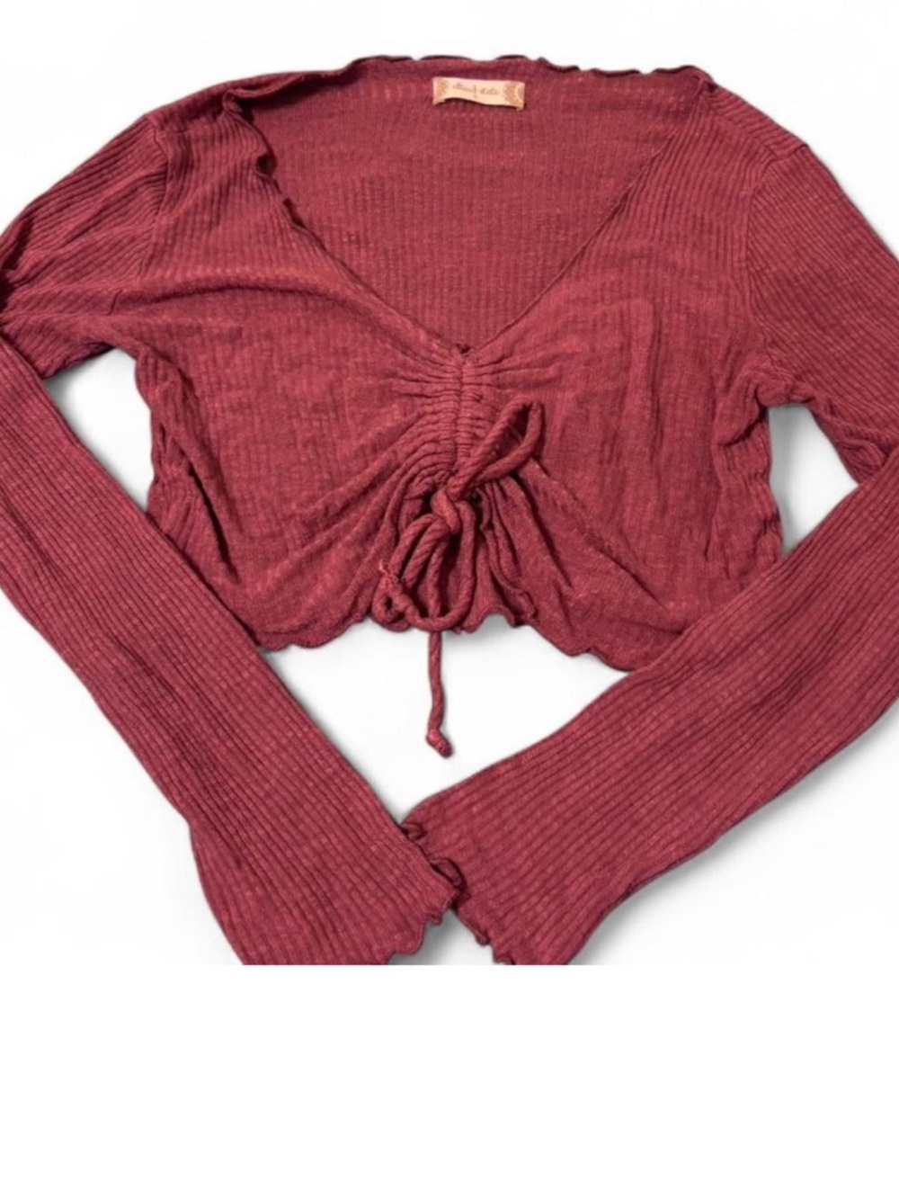 Altar'd State Ribbed Ruched V-Neck Crop Top - Dusty Rose